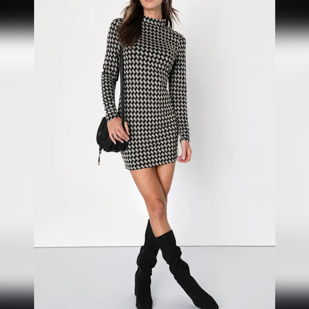 Lulus Cool Girl Status Black Print Mock Neck Long Sleeve Mini Dress